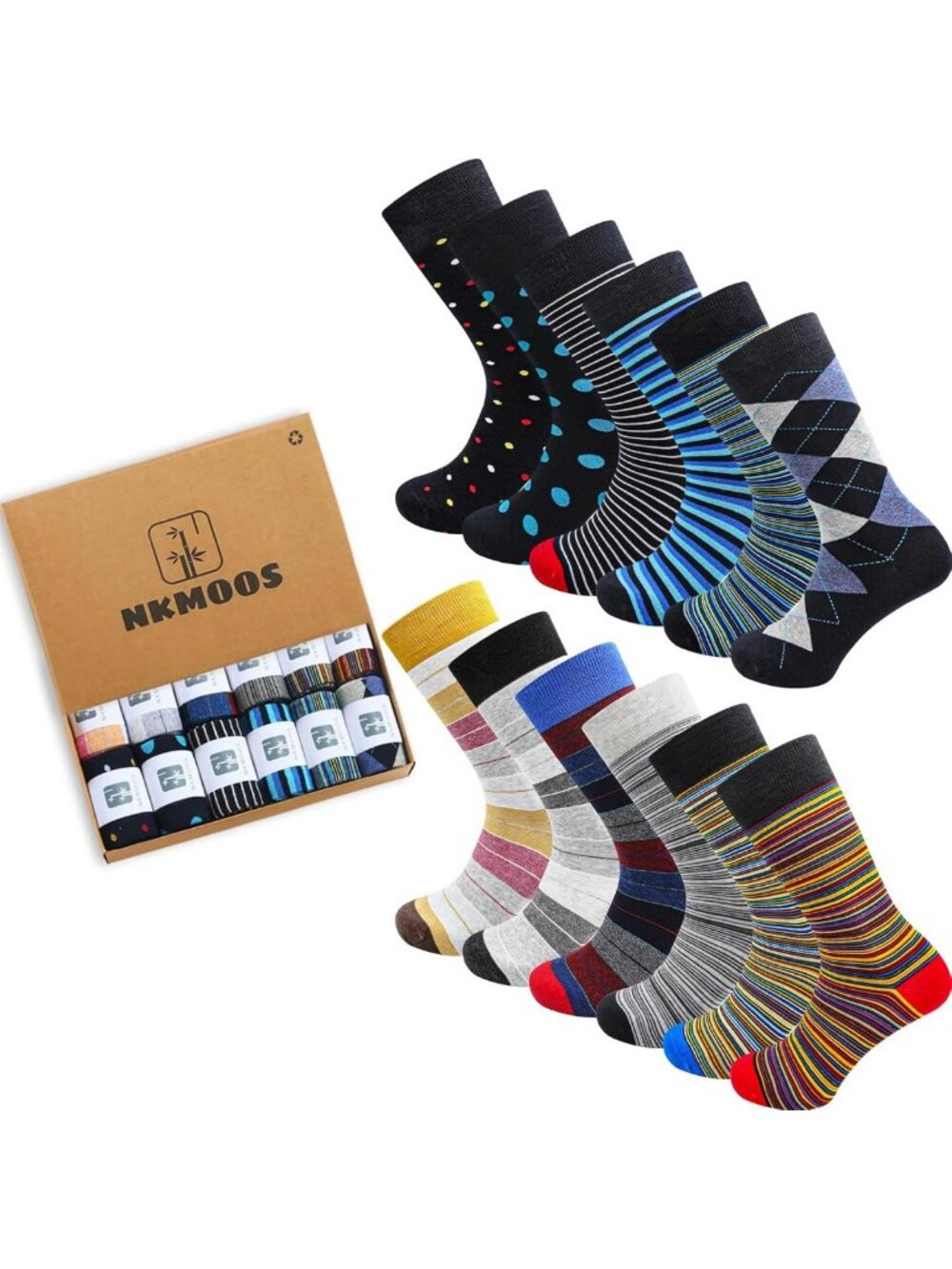 Colorful Cotton Crew Socks for Men - Funny Dress & Work Socks, Size 9-15, 6/12